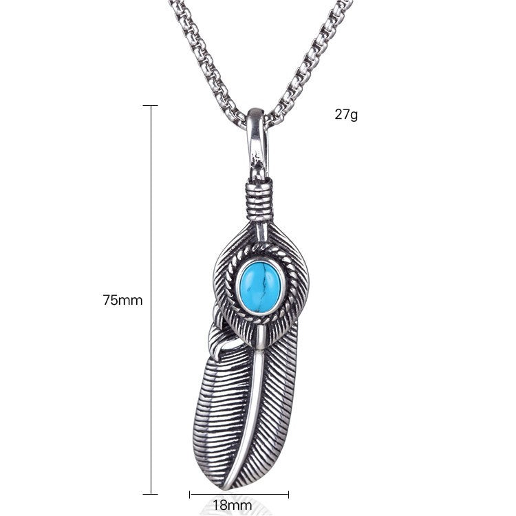 Titanium Steel Turquoise Feather Pendant Necklace