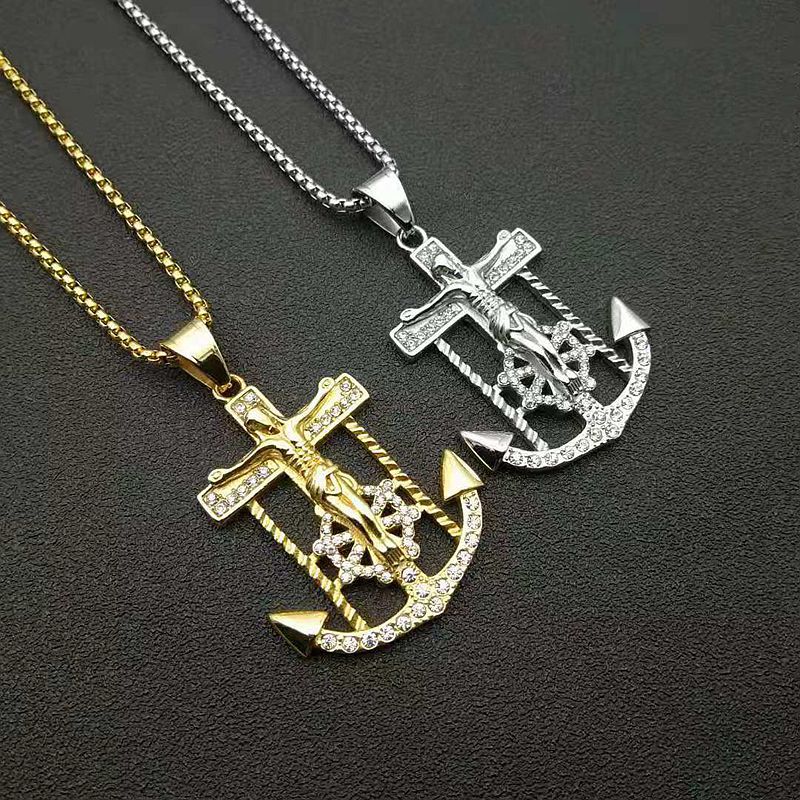 Diamond Cross Anchor Jesus Pendant Necklace