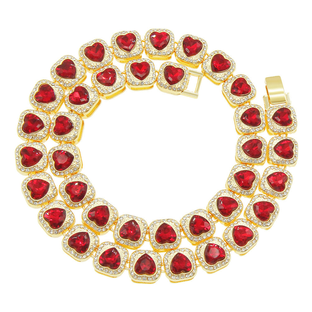 Silver Peach Heart Love Red Diamond Chain