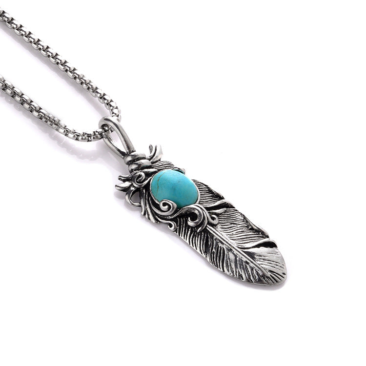 Feather Turquoise Pendant Long Necklace
