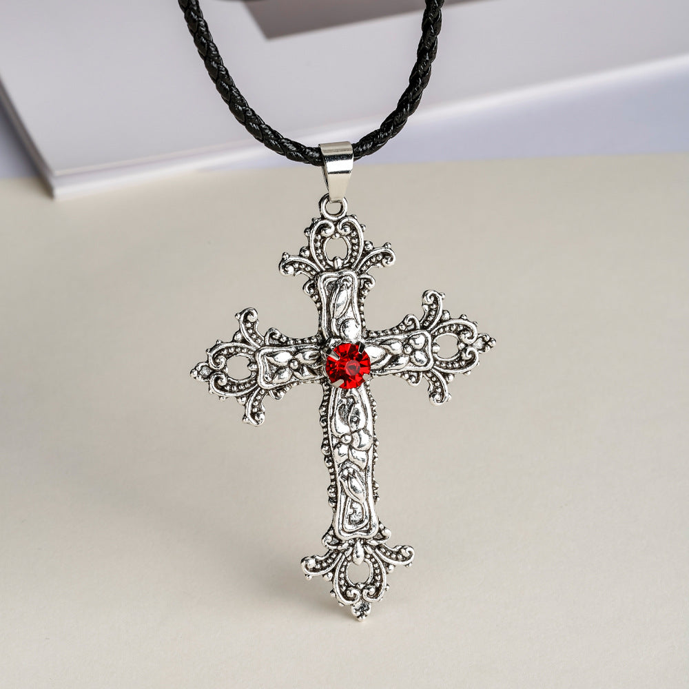 Cross Pendant Necklace Inlaid with Red Stone