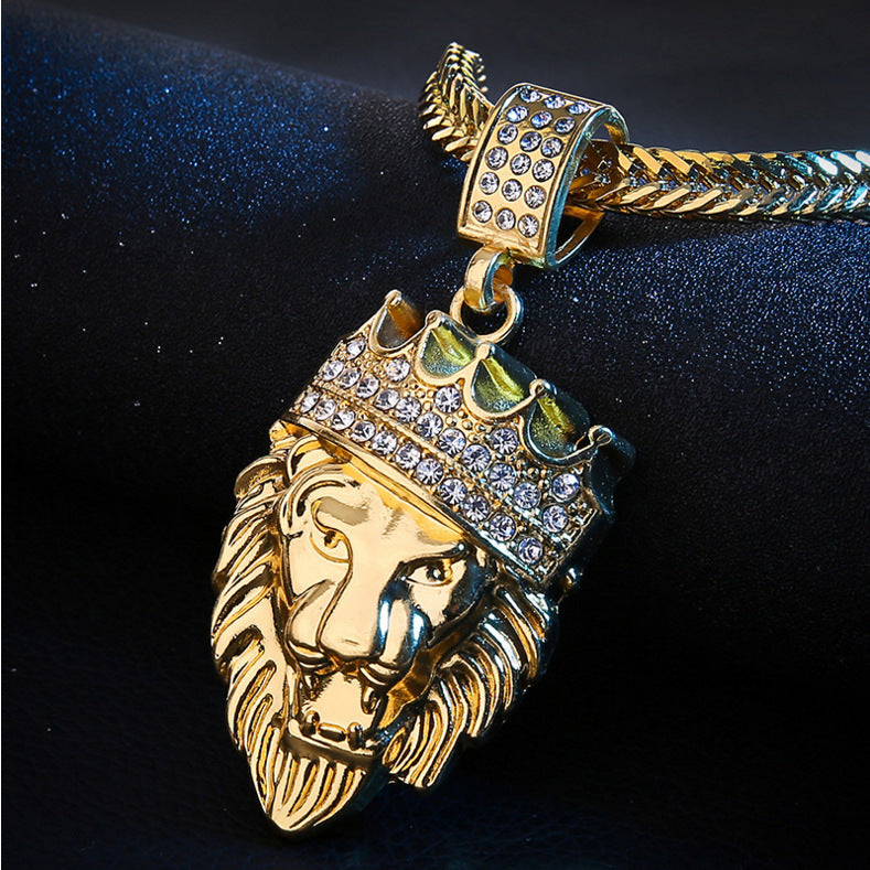 Crowned Lion Diamond Inlaid Animal Pendant Necklace
