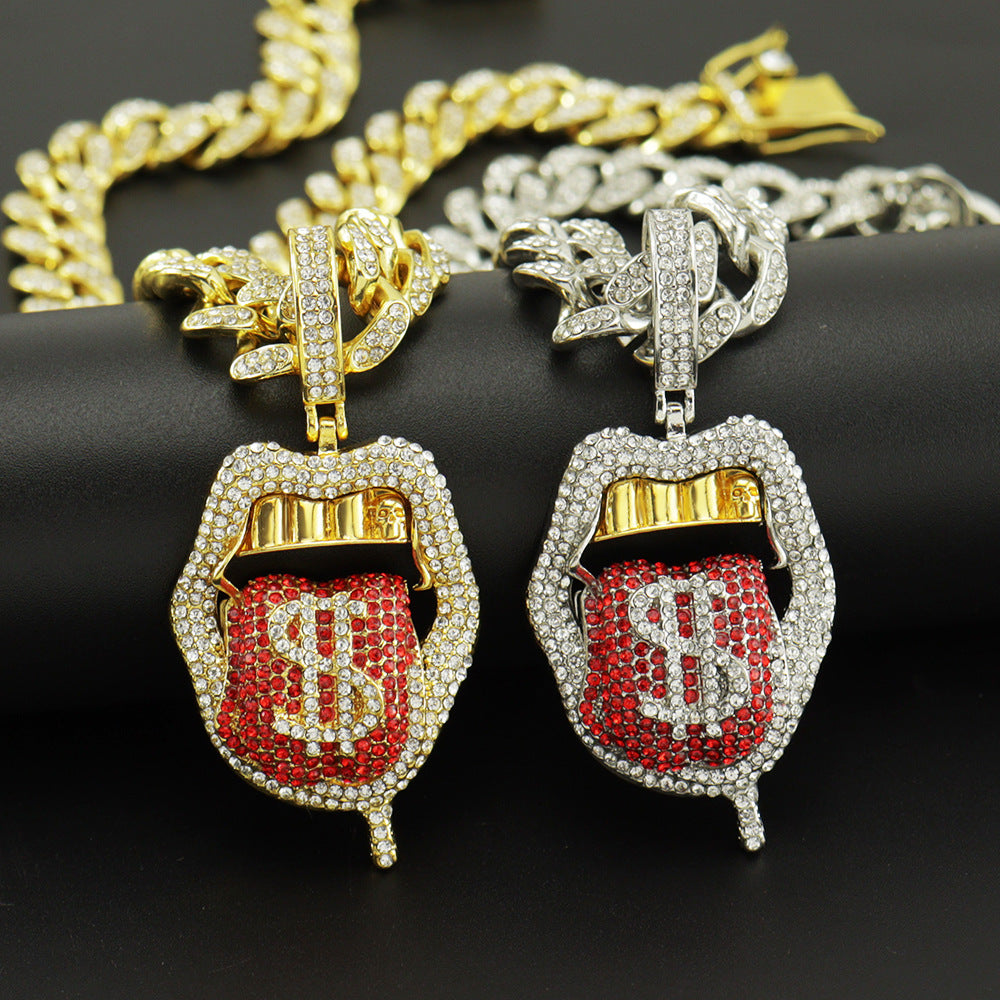 Dollar Sign on Tongue Pendant Cuban Necklace