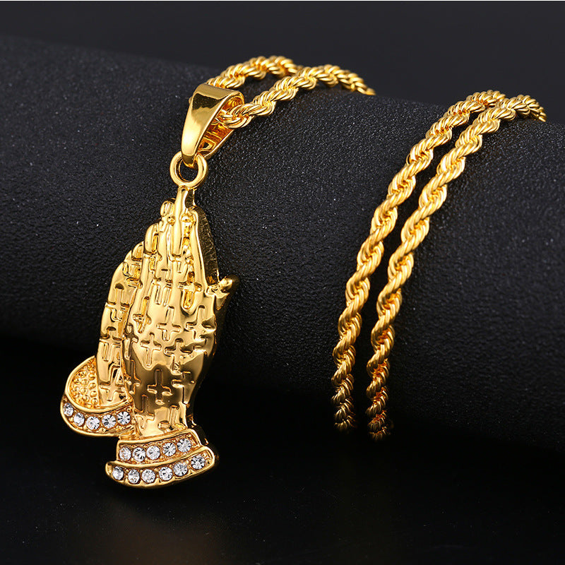 Gold Plated Praying Hands Hip Hop Necklace