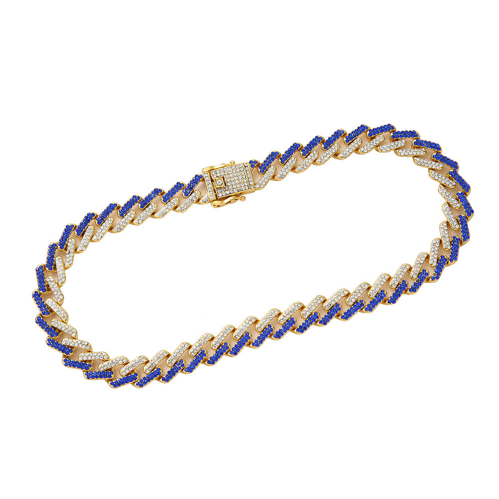 Golden Cuban Chain Necklace inlaid with Blue and White Diamonds