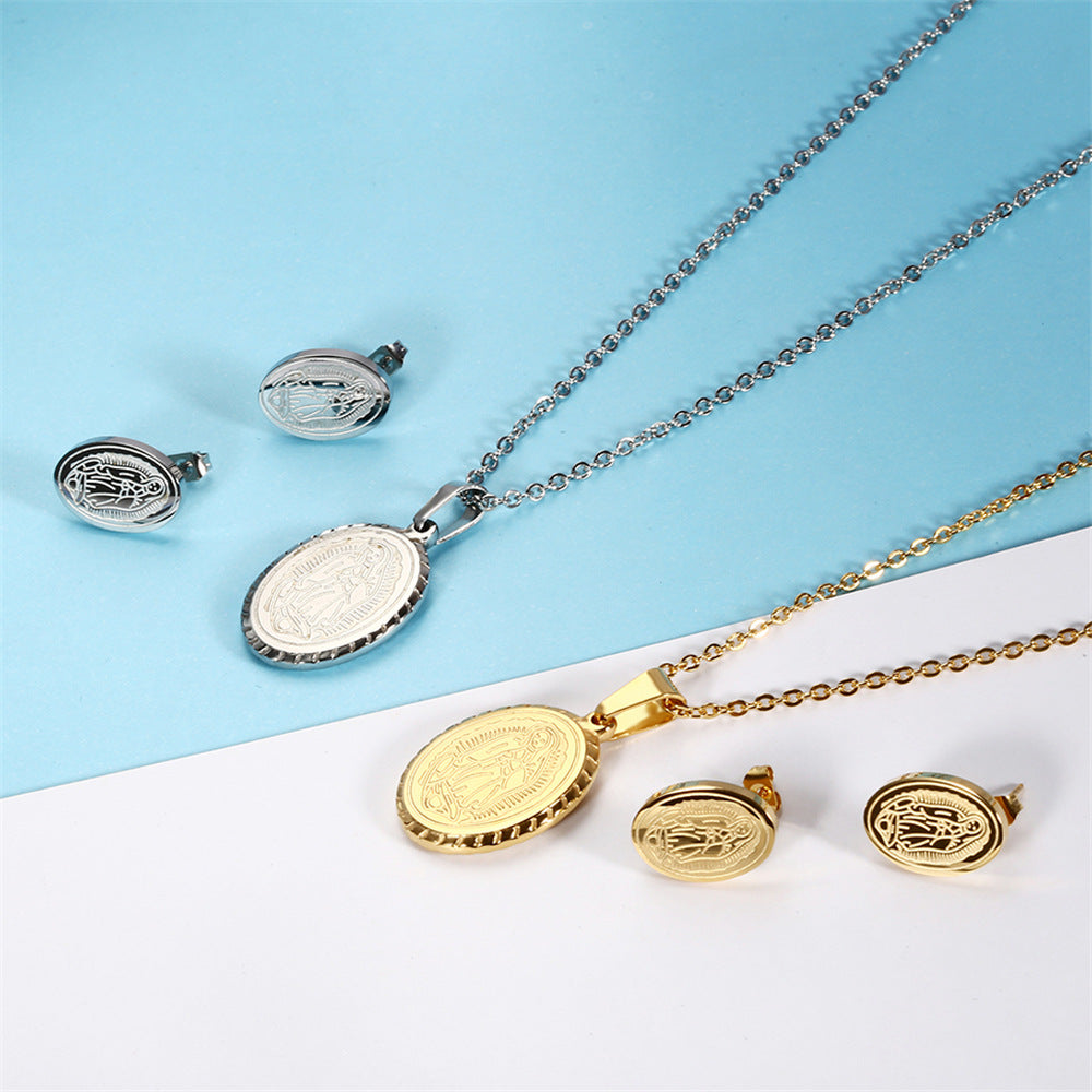 Virgin Maria Oval Brand Necklace Earrings Set
