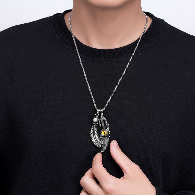 Titanium Feather Devil Eye Necklace
