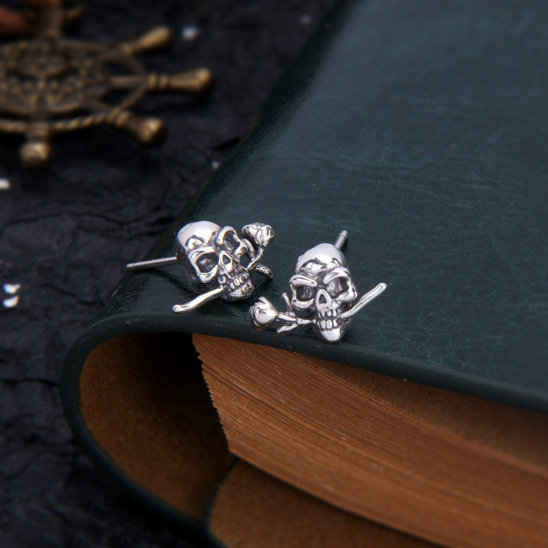 Vintage Skull and Rose Stud Earrings for Men
