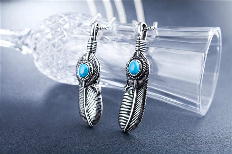 Titanium Steel Turquoise Feather Pendant Necklace