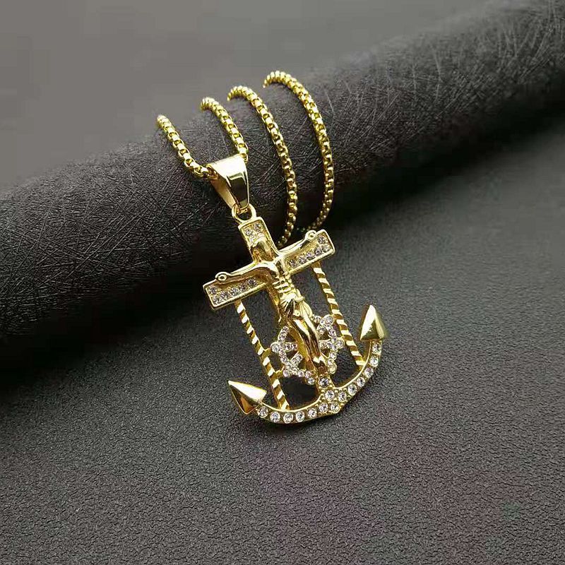 Diamond Cross Anchor Jesus Pendant Necklace