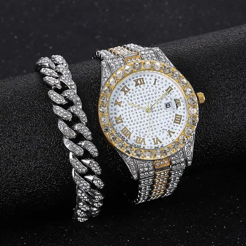 Trendy Steel Tape Cuban Full Diamond Watch & Bracelet for Men