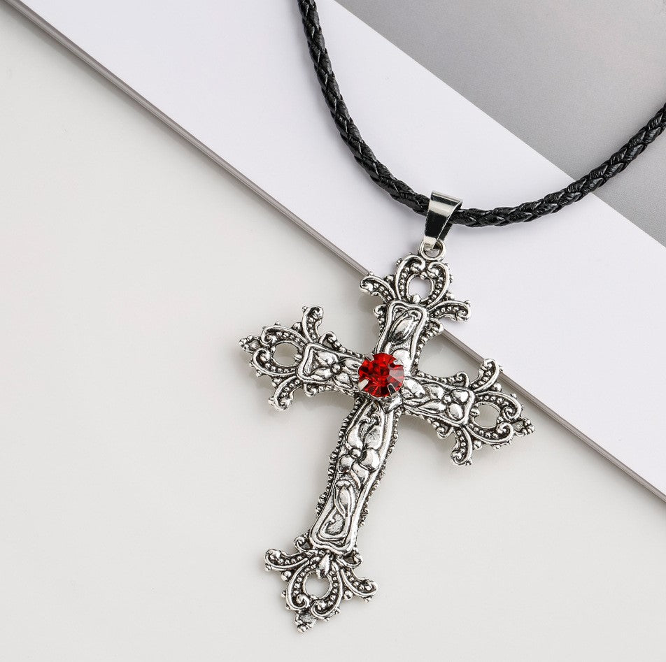 Cross Pendant Necklace Inlaid with Red Stone