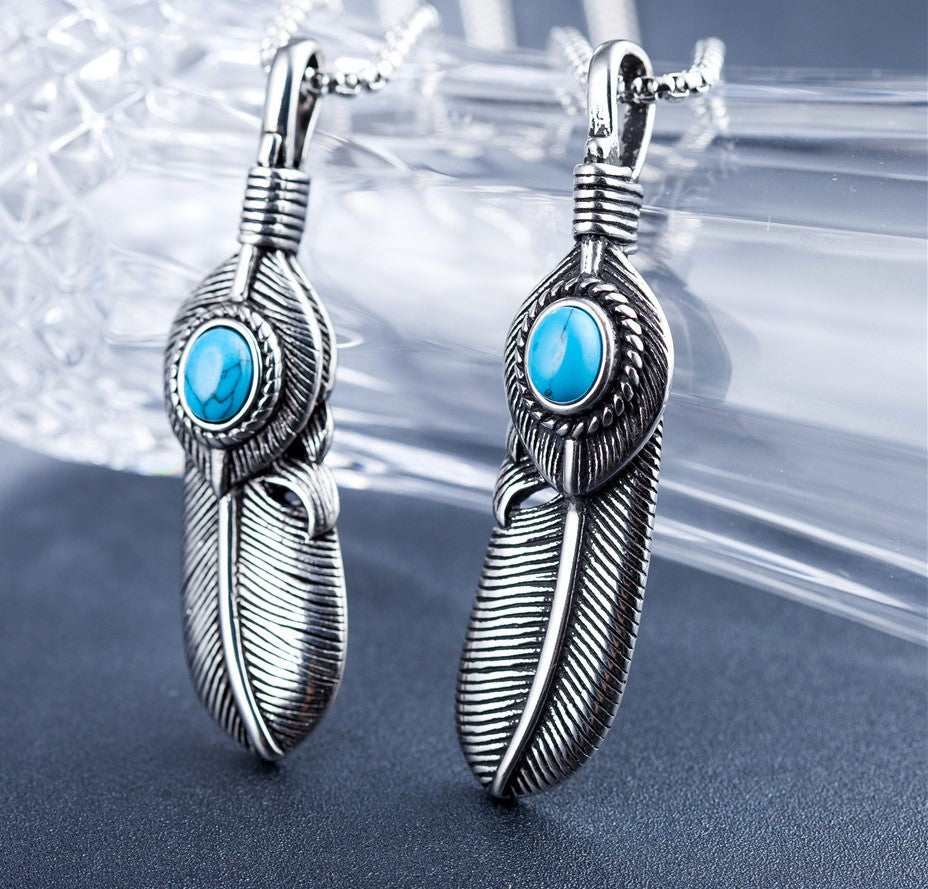 Titanium Steel Turquoise Feather Pendant Necklace