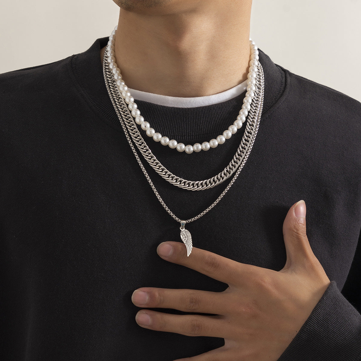 Silver Feather Pendant Multilayer Pearl Chain