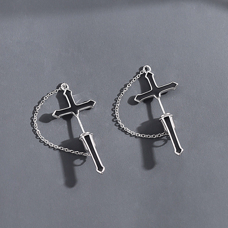 Cross-Stand Chain Boys Stud Drop Earrings