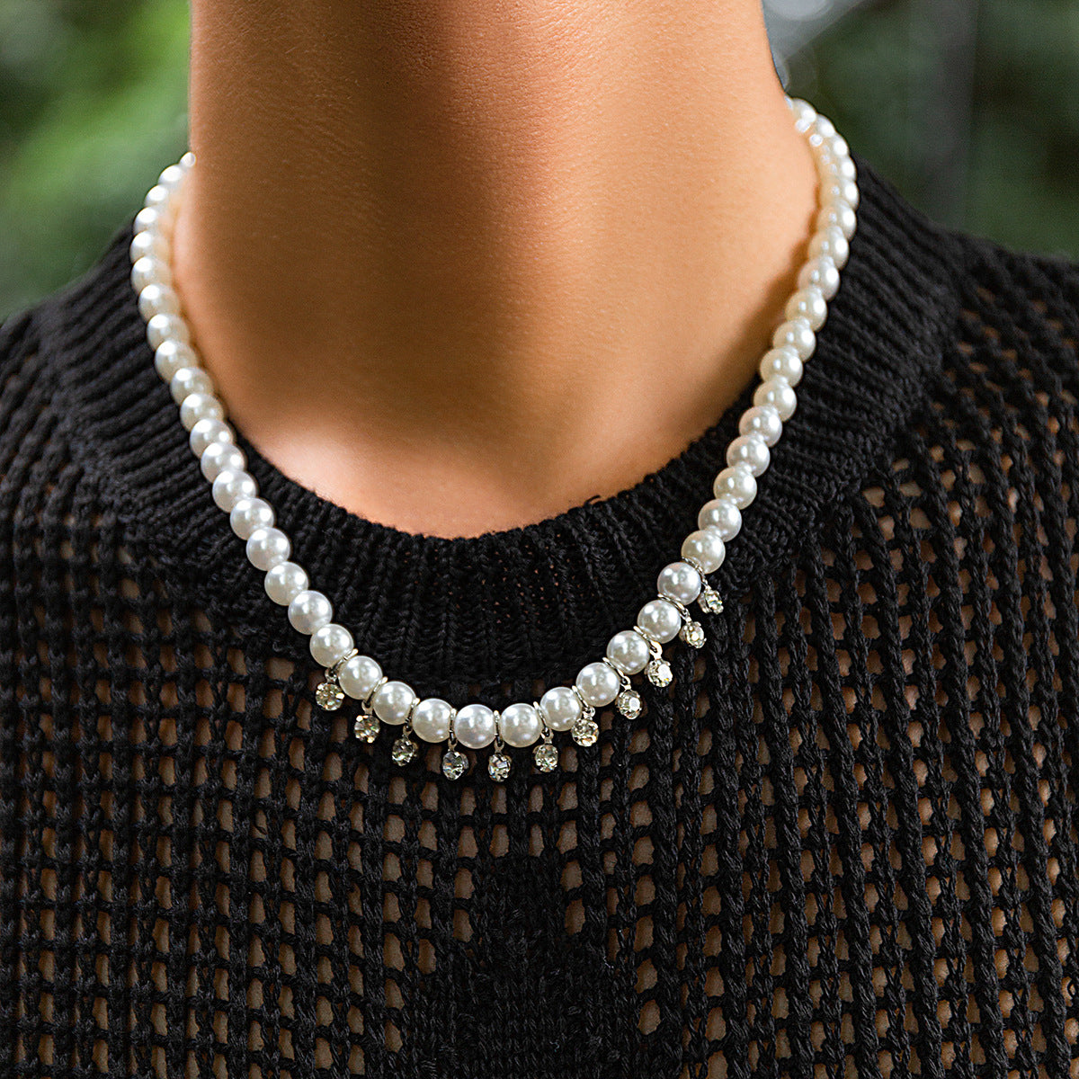 White Pearl Chain Diamond Necklace