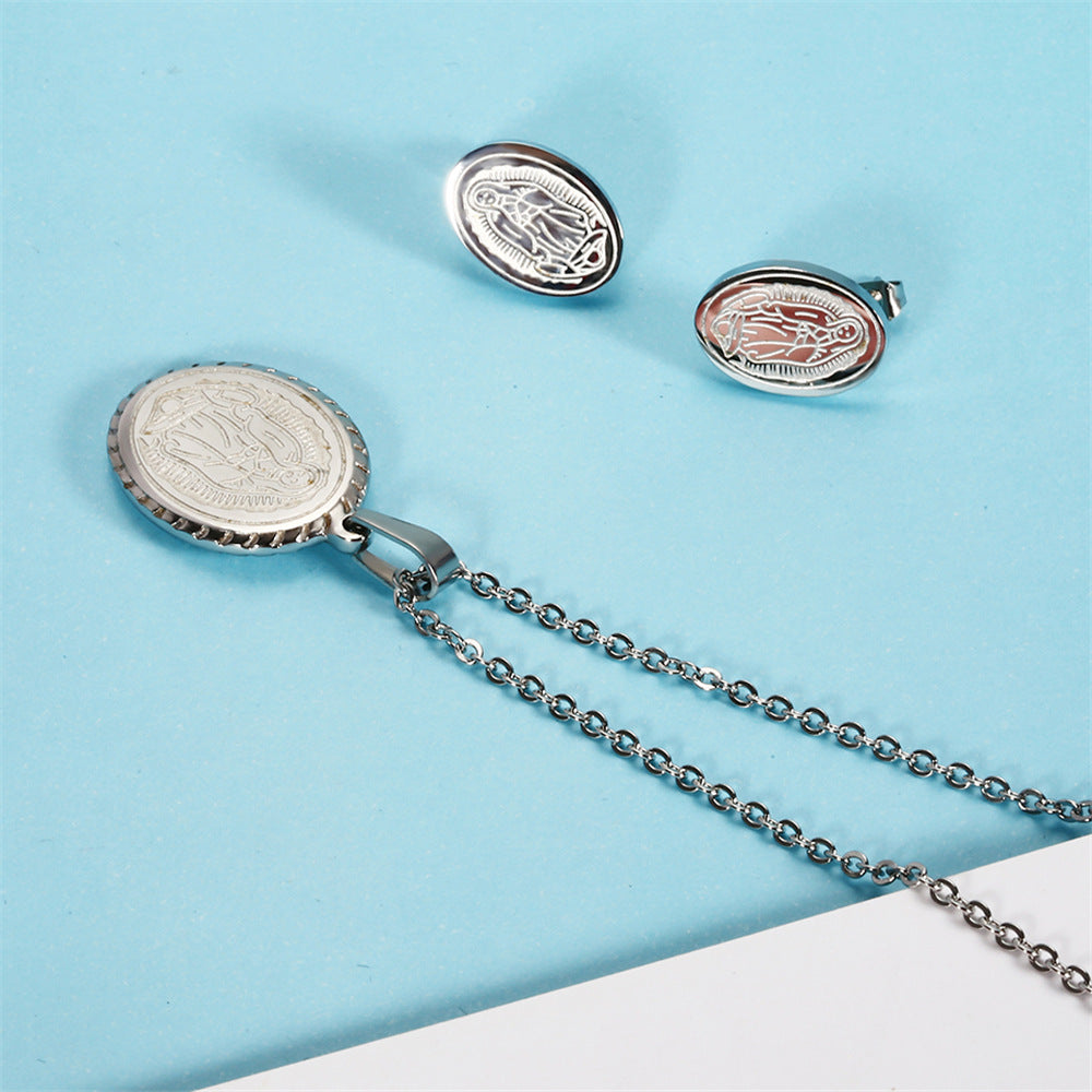 Virgin Maria Oval Brand Necklace Earrings Set