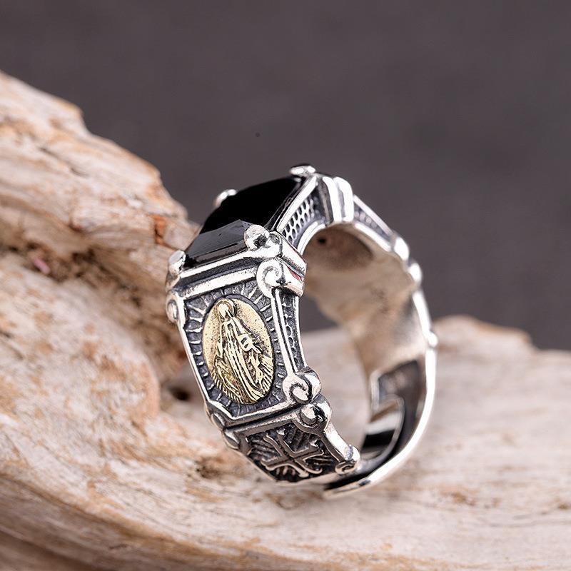Rhodium Plated Imitation Black Agate Open Designed Ring