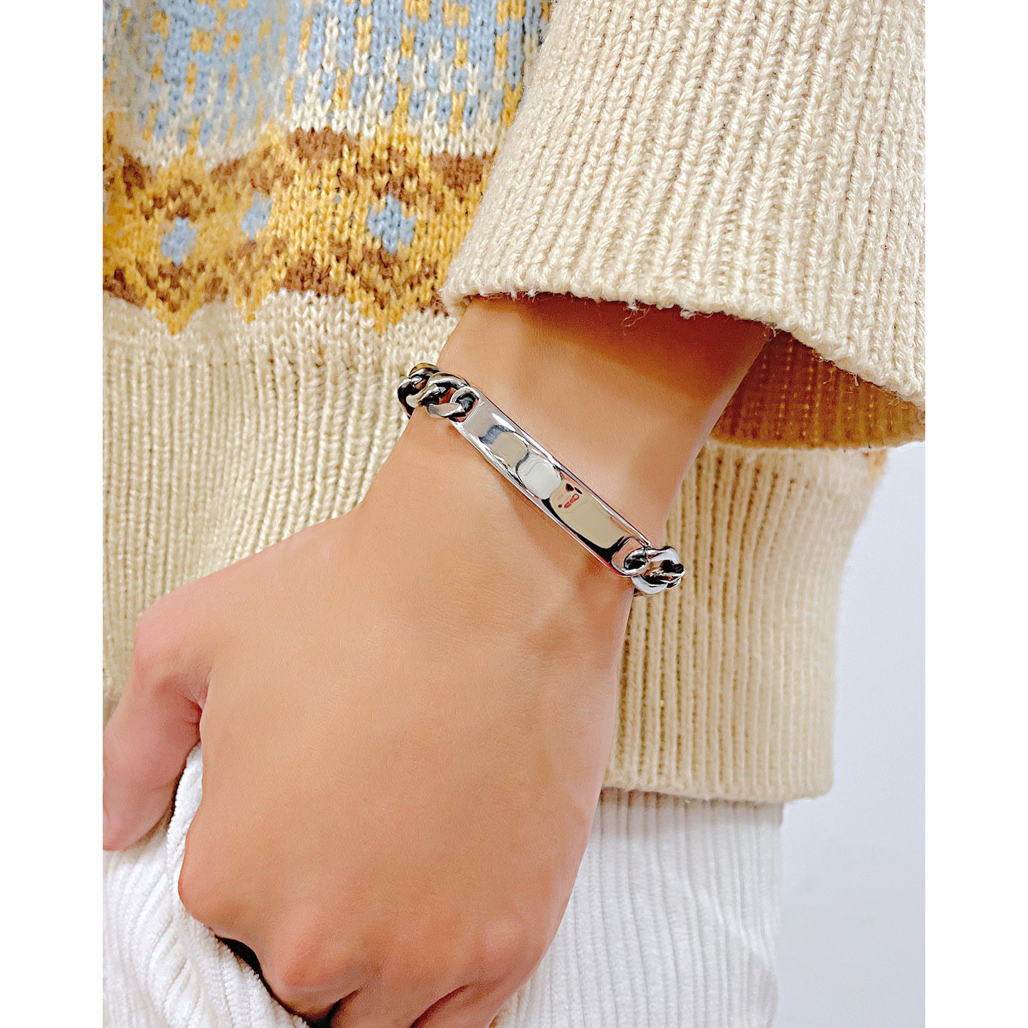 Bending Light Surface Cuban Bracelet Steel Color