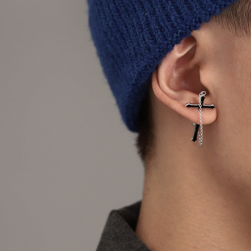 Cross-Stand Chain Boys Stud Drop Earrings