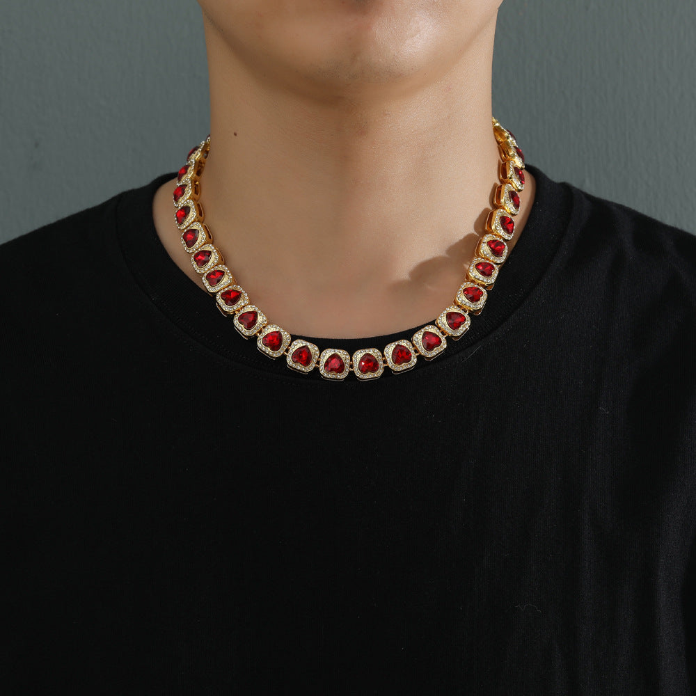 Silver Peach Heart Love Red Diamond Chain