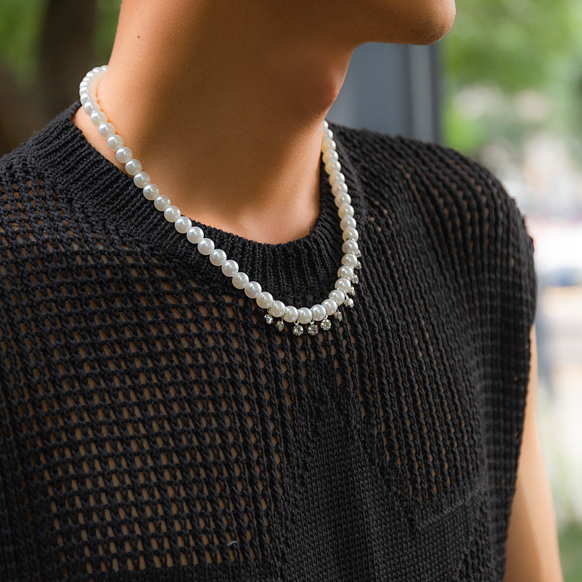 White Pearl Chain Diamond Necklace