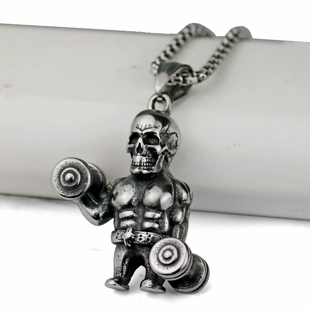 Hip-Hop Skull Dumb Bell Pendant Necklace