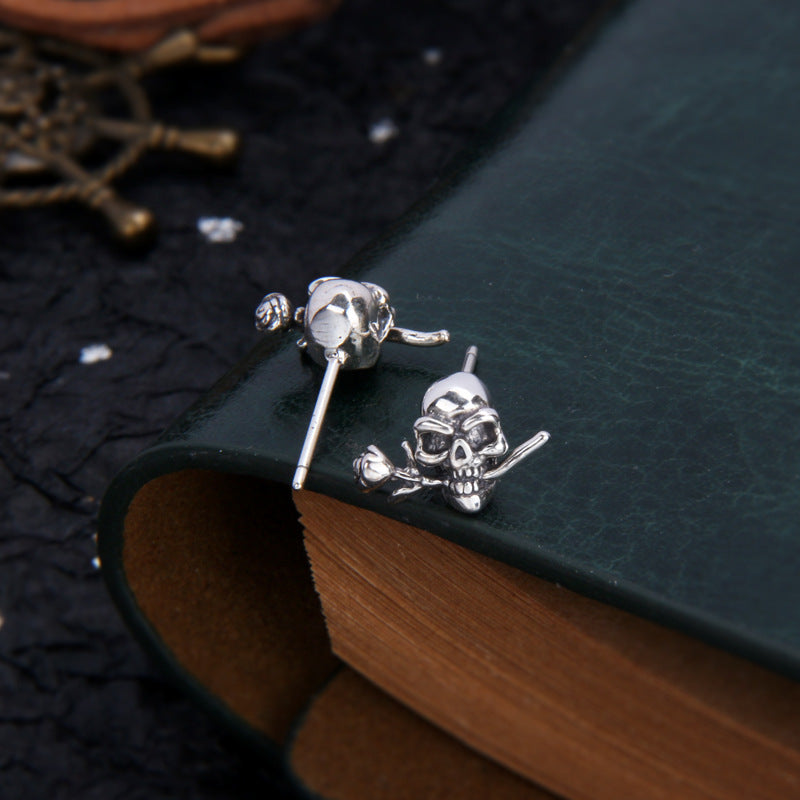 Vintage Skull and Rose Stud Earrings for Men