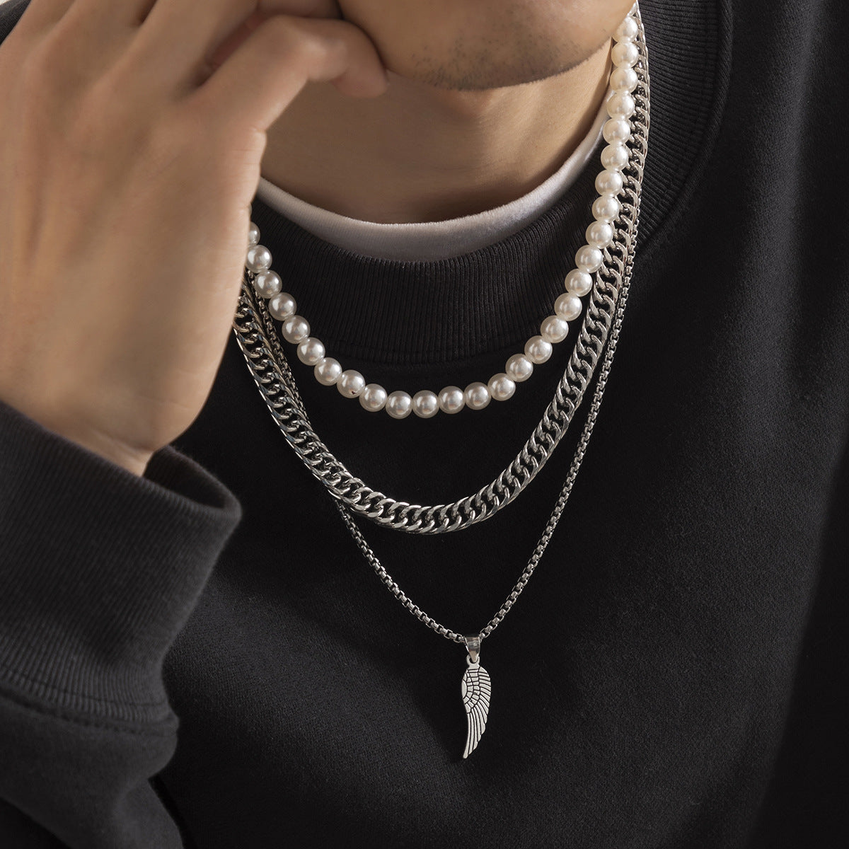 Silver Feather Pendant Multilayer Pearl Chain