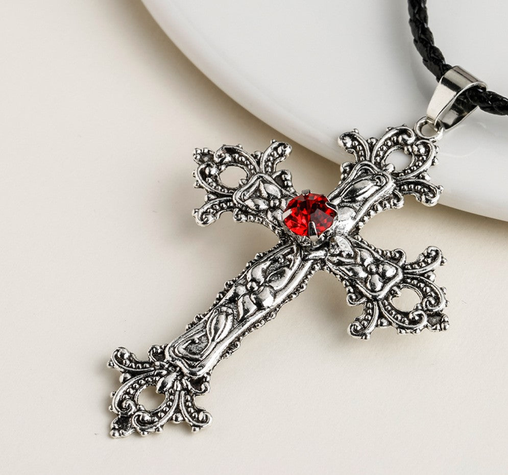 Cross Pendant Necklace Inlaid with Red Stone