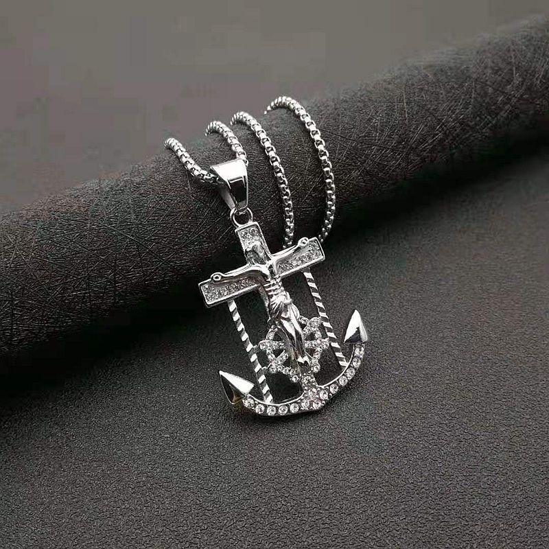 Diamond Cross Anchor Jesus Pendant Necklace