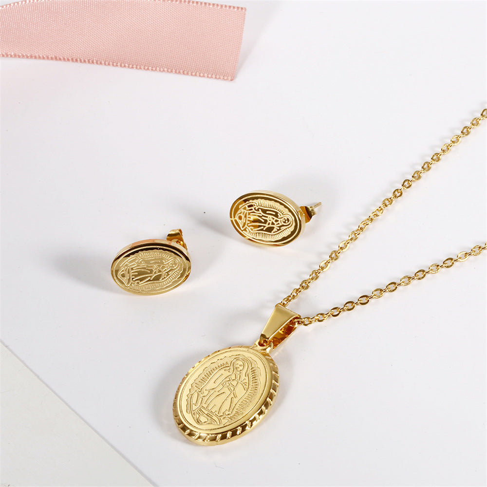 Virgin Maria Oval Brand Necklace Earrings Set