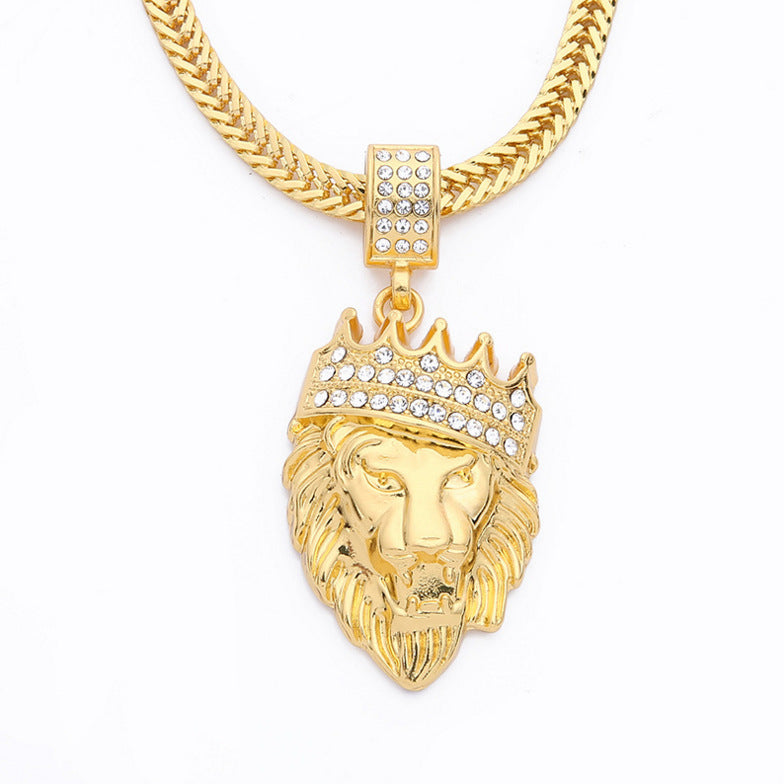 Crowned Lion Diamond Inlaid Animal Pendant Necklace