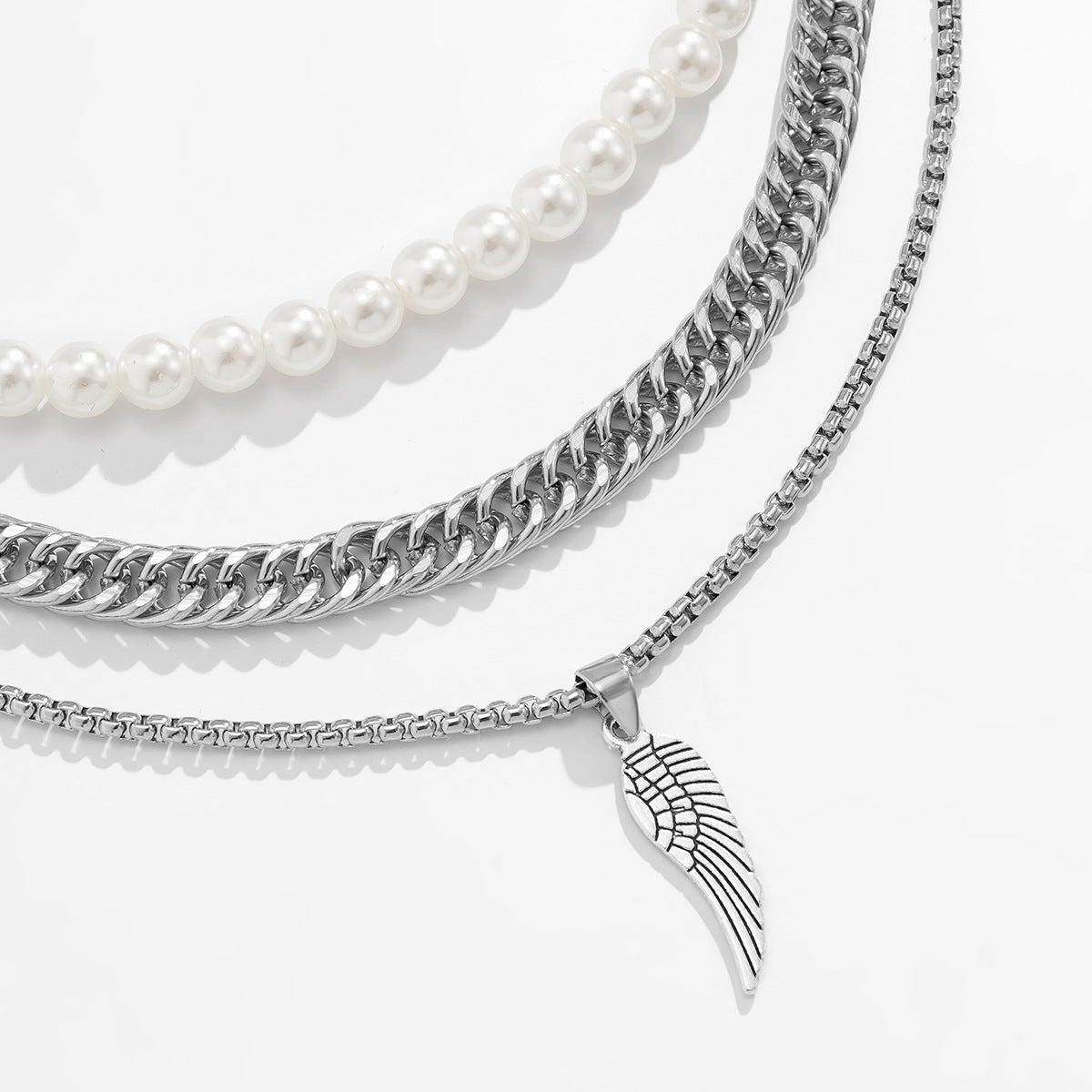 Silver Feather Pendant Multilayer Pearl Chain