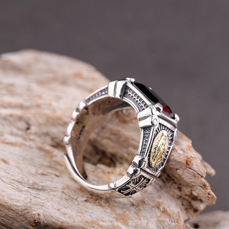 Rhodium Plated Imitation Black Agate Open Designed Ring