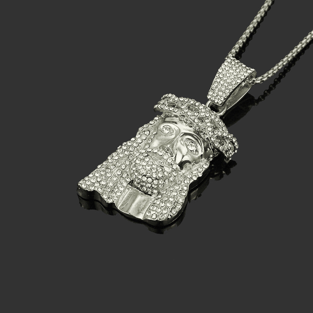 Gold Diamond Trim Jesus Pendant Necklace