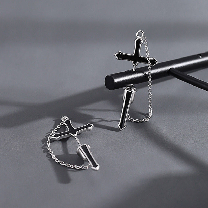Cross-Stand Chain Boys Stud Drop Earrings