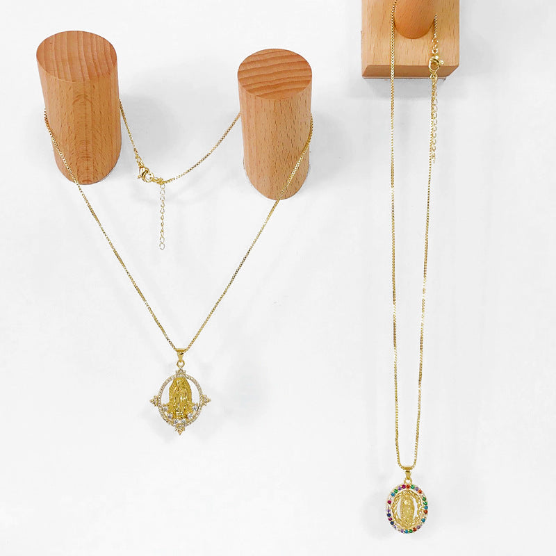 Colorful Diamond Virgin Maria Pendant Necklace