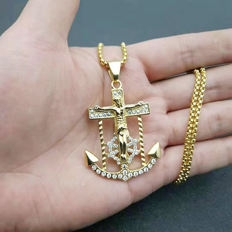 Diamond Cross Anchor Jesus Pendant Necklace