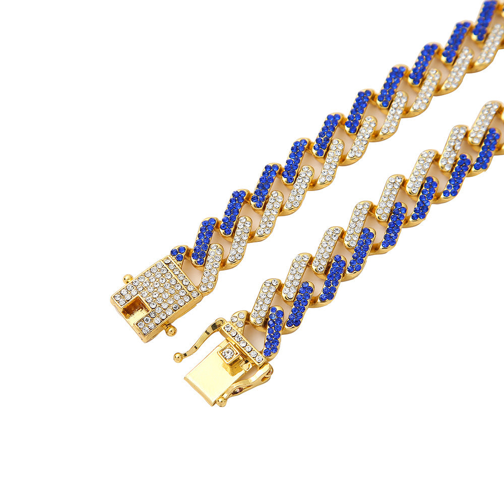 Golden Cuban Chain Necklace inlaid with Blue and White Diamonds