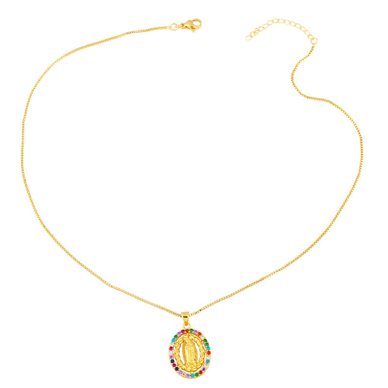Colorful Diamond Virgin Maria Pendant Necklace