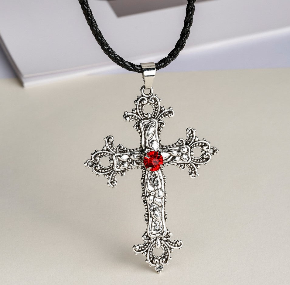 Cross Pendant Necklace Inlaid with Red Stone