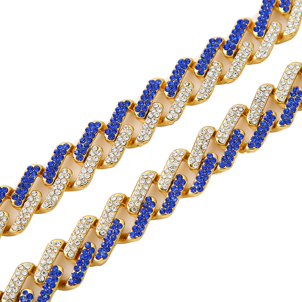 Golden Cuban Chain Necklace inlaid with Blue and White Diamonds