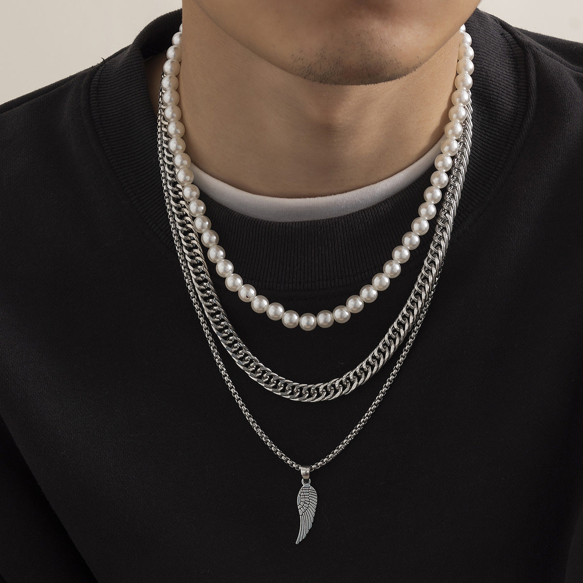 Silver Feather Pendant Multilayer Pearl Chain