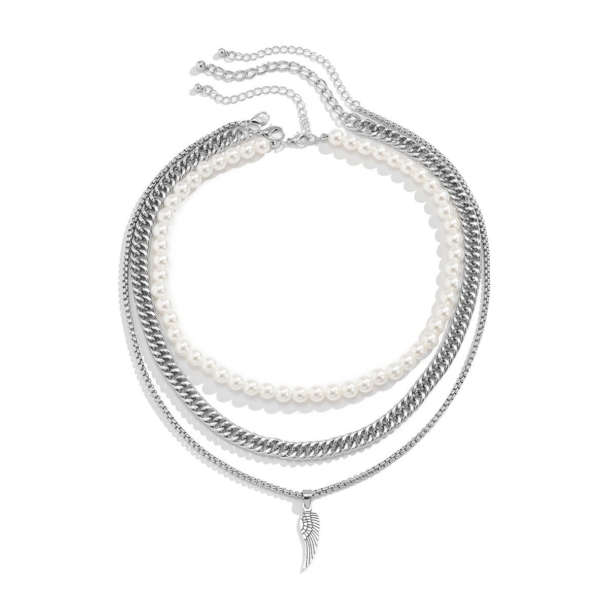 Silver Feather Pendant Multilayer Pearl Chain