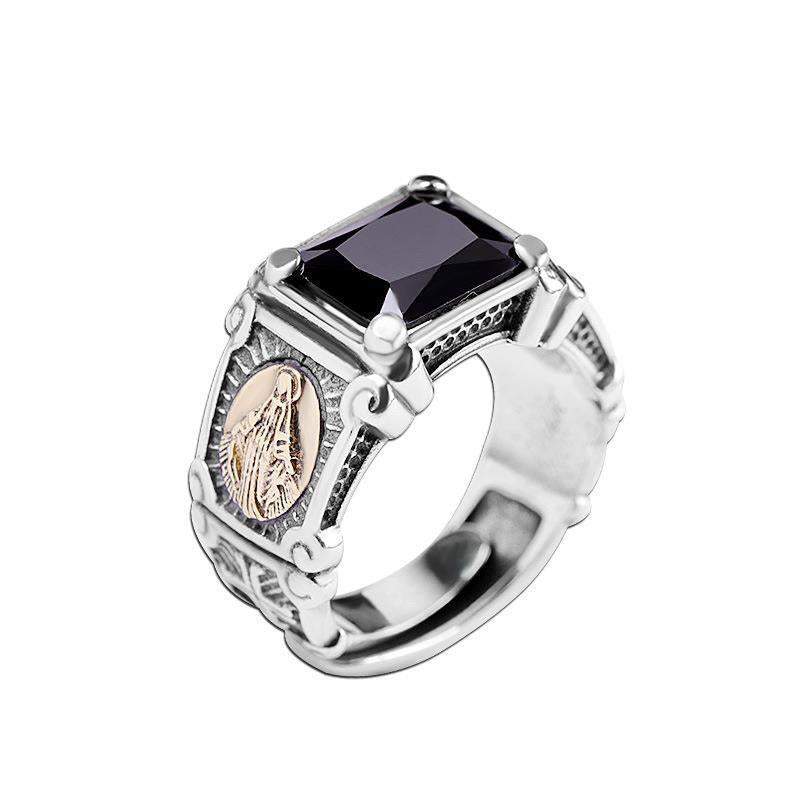 Rhodium Plated Imitation Black Agate Open Designed Ring