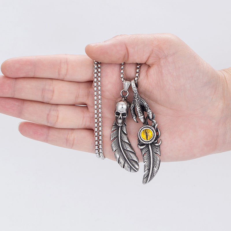 Titanium Feather Devil Eye Necklace
