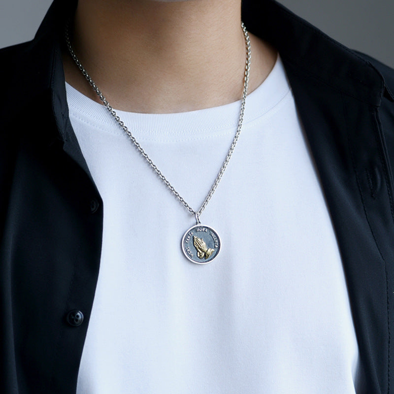 Prayer Hand Coin Pendant Necklace