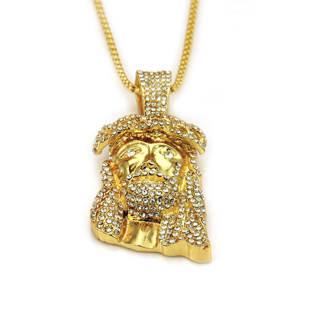 Gold Diamond Trim Jesus Pendant Necklace