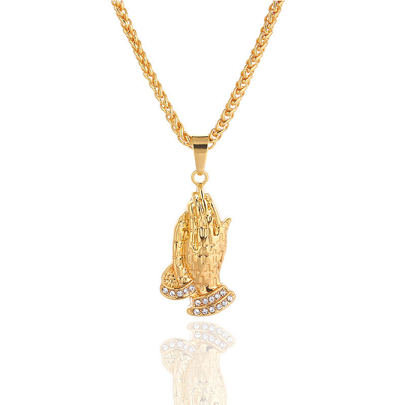 Gold Plated Praying Hands Hip Hop Necklace